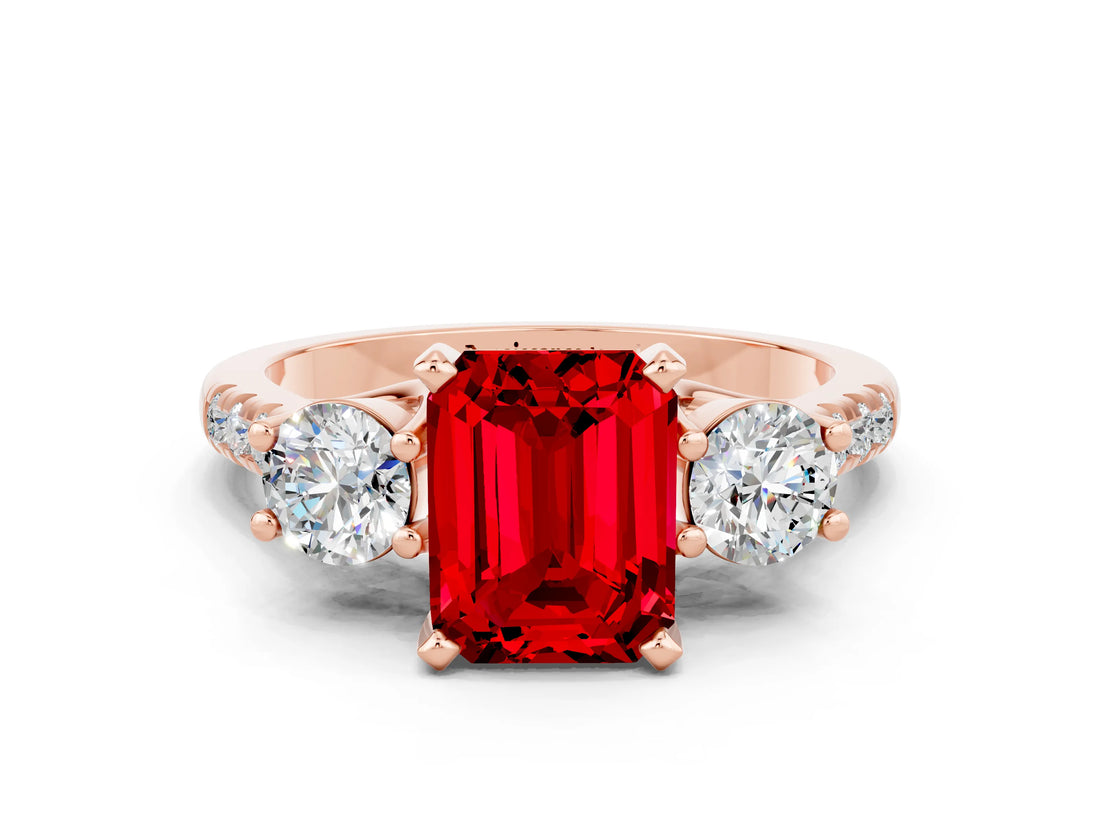 Rose gold Three-Stone Emerald Cut Ruby Pavé Band with Four-Prong Setting