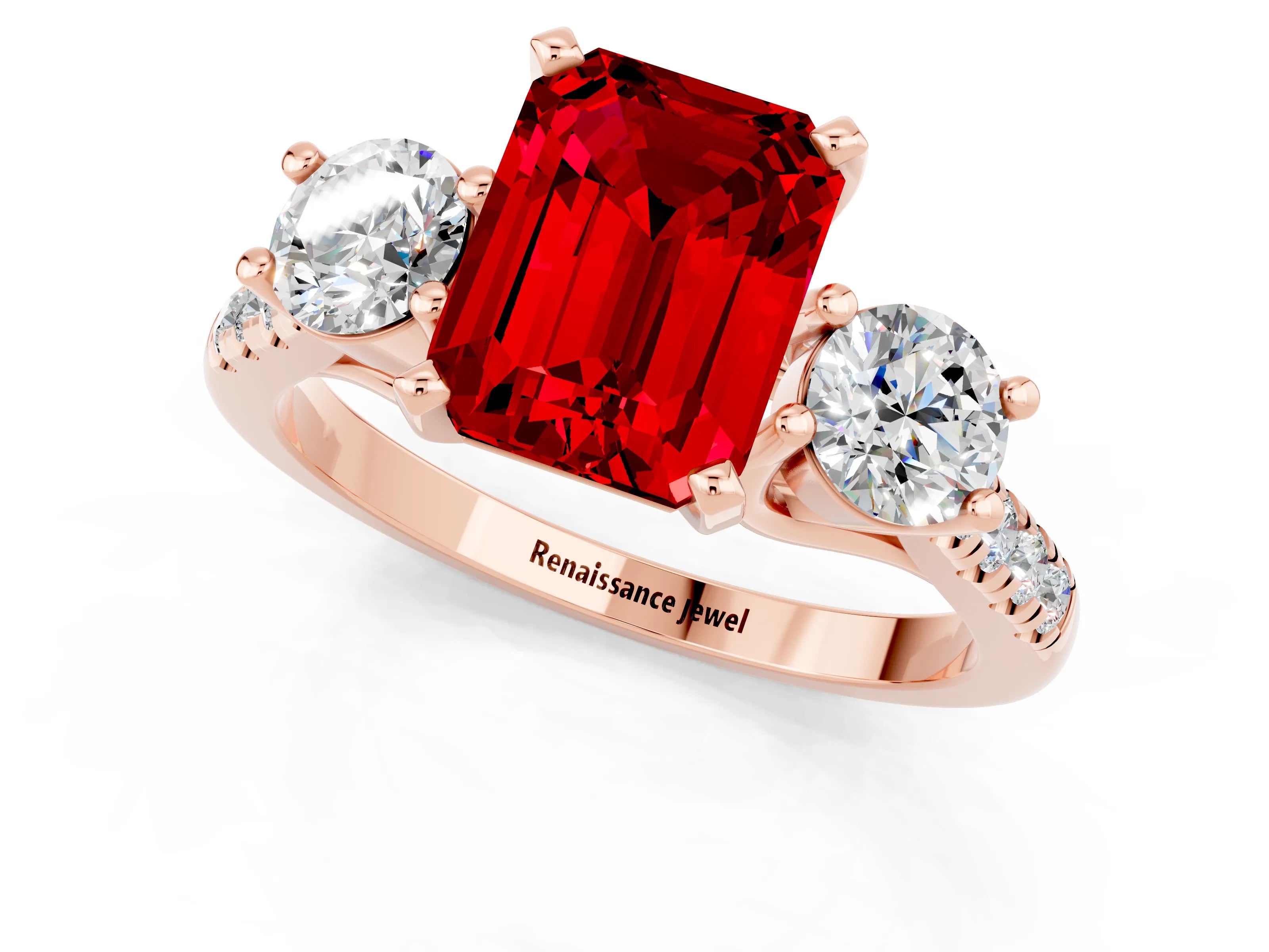 Rose gold Three-Stone Emerald Cut Ruby Pavé Band with Four-Prong Setting_1