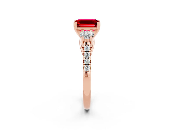 Rose gold Three-Stone Emerald Cut Ruby Pavé Band with Four-Prong Setting