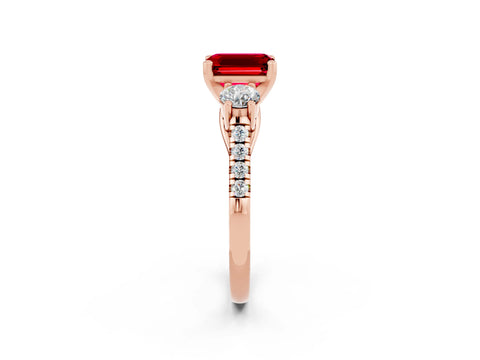 Rose gold Three-Stone Emerald Cut Ruby Pavé Band with Four-Prong Setting_2