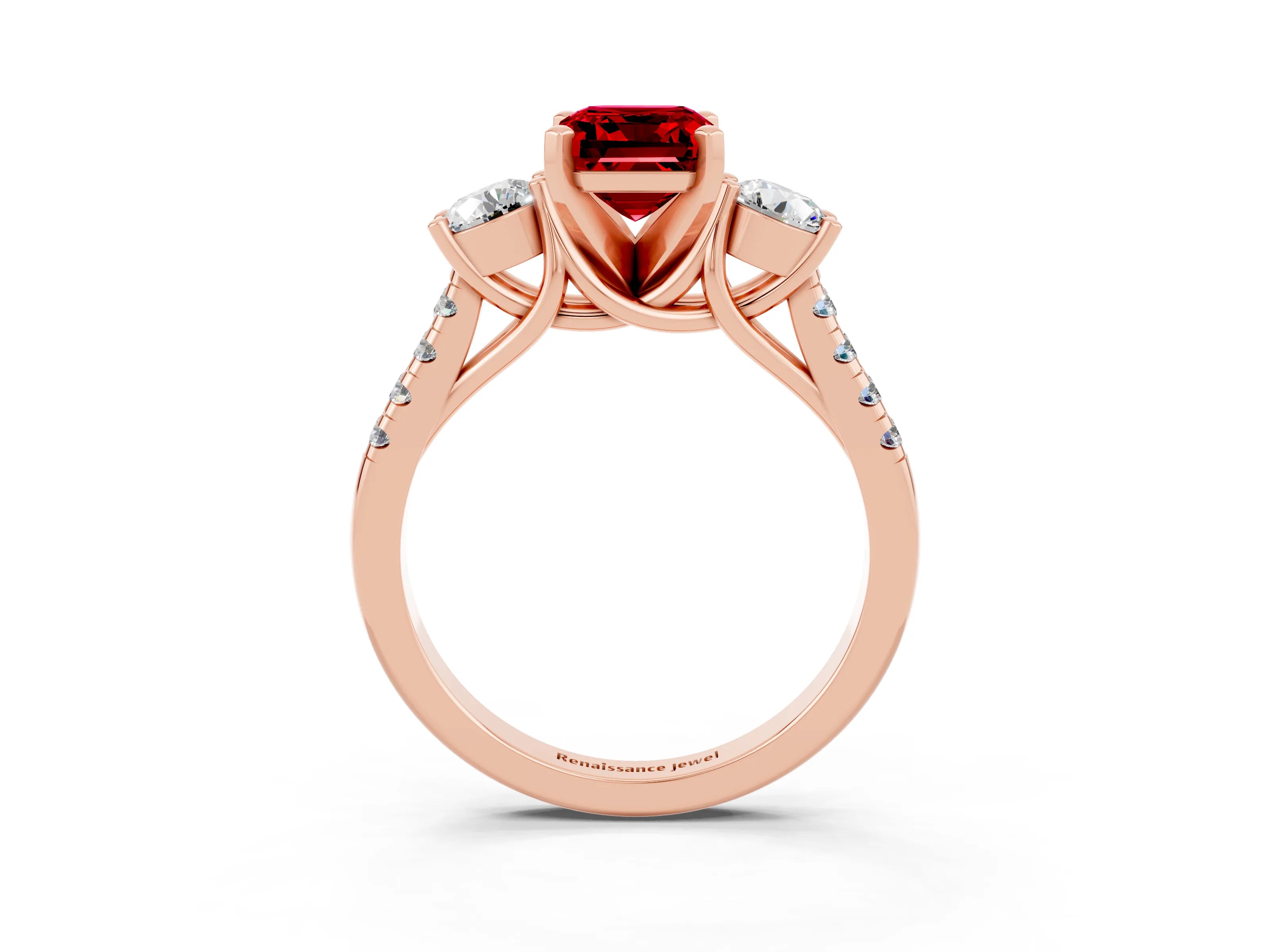 Rose gold Three-Stone Emerald Cut Ruby Pavé Band with Four-Prong Setting_3