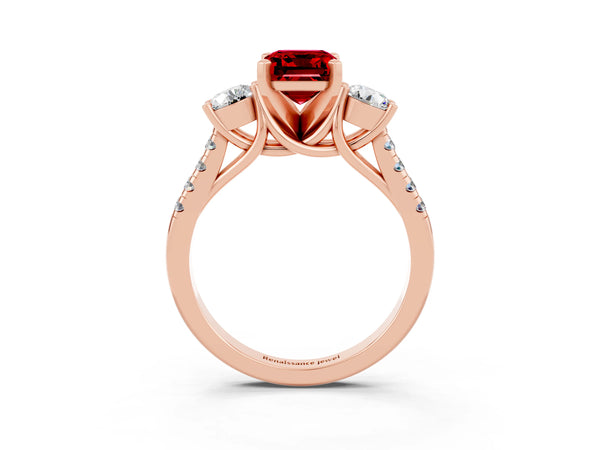 Rose gold Three-Stone Emerald Cut Ruby Pavé Band with Four-Prong Setting