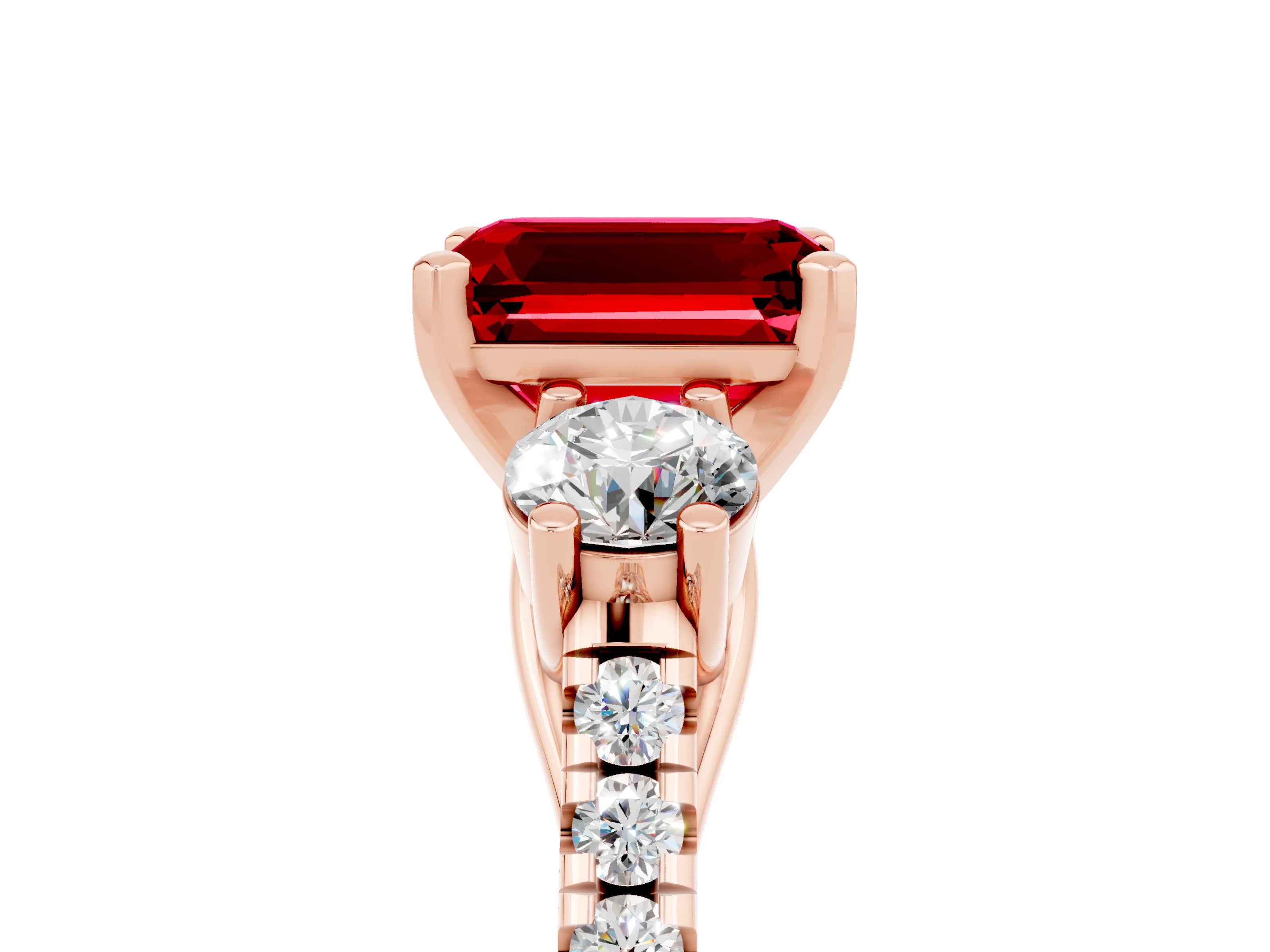 Rose gold Three-Stone Emerald Cut Ruby Pavé Band with Four-Prong Setting_5