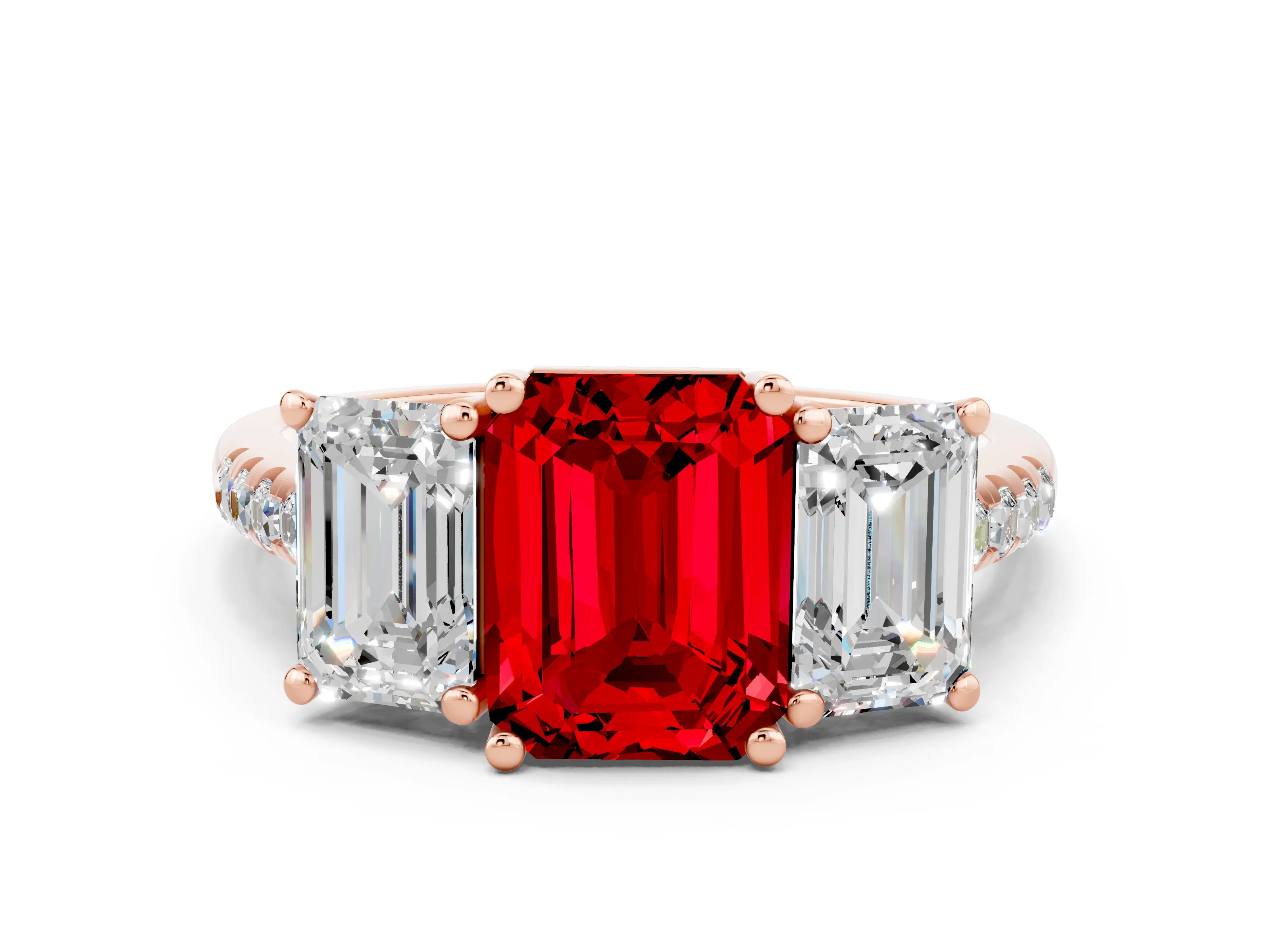 Rose gold Three-Stone Emerald Cut Ruby Ring with Pavé Band and Prong Setting_12