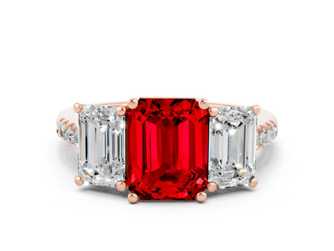 Rose gold Three-Stone Emerald Cut Ruby Ring with Pavé Band and Prong Setting_12
