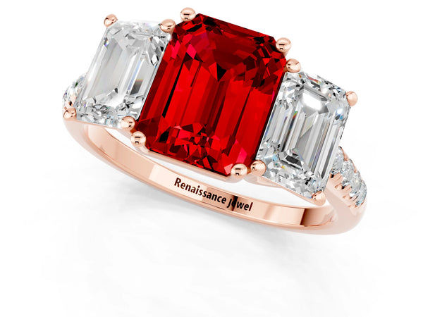Rose gold Three-Stone Emerald Cut Ruby Ring with Round  Pavé Band and Prong Setting