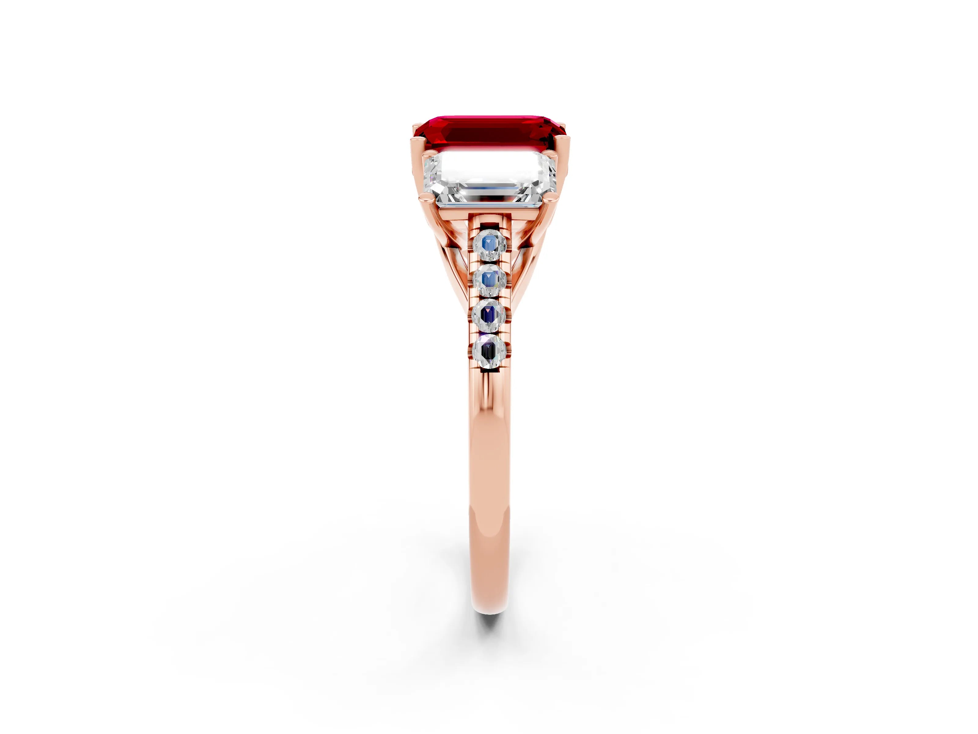 Rose gold Three-Stone Emerald Cut Ruby Ring with Pavé Band and Prong Setting_14