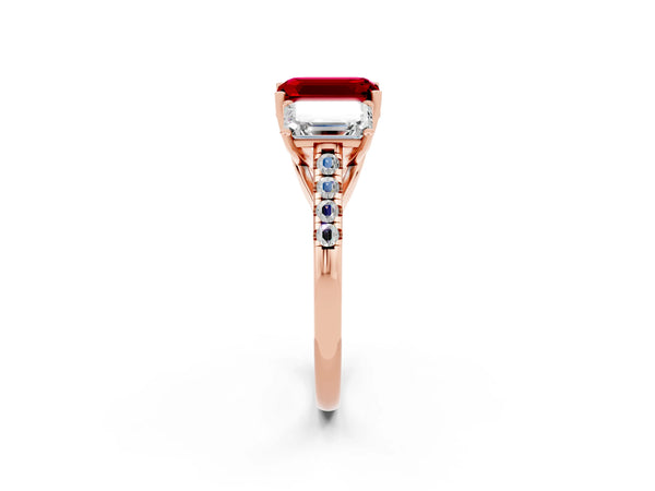 Rose gold Three-Stone Emerald Cut Ruby Ring with Round  Pavé Band and Prong Setting