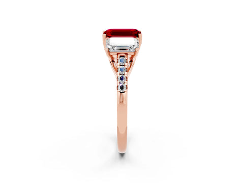 Rose gold Three-Stone Emerald Cut Ruby Ring with Pavé Band and Prong Setting_14