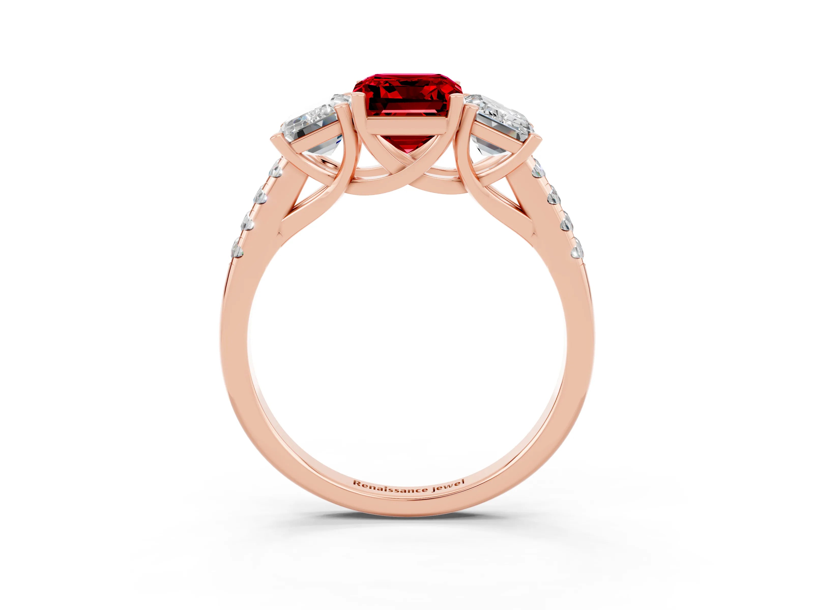 Rose gold Three-Stone Emerald Cut Ruby Ring with Pavé Band and Prong Setting_15