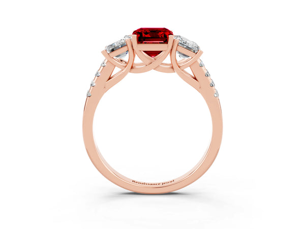 Rose gold Three-Stone Emerald Cut Ruby Ring with Round  Pavé Band and Prong Setting