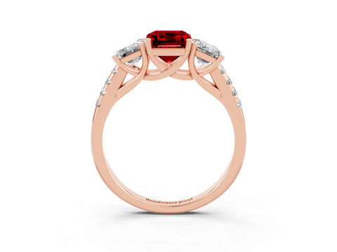 Rose gold Three-Stone Emerald Cut Ruby Ring with Pavé Band and Prong Setting_15