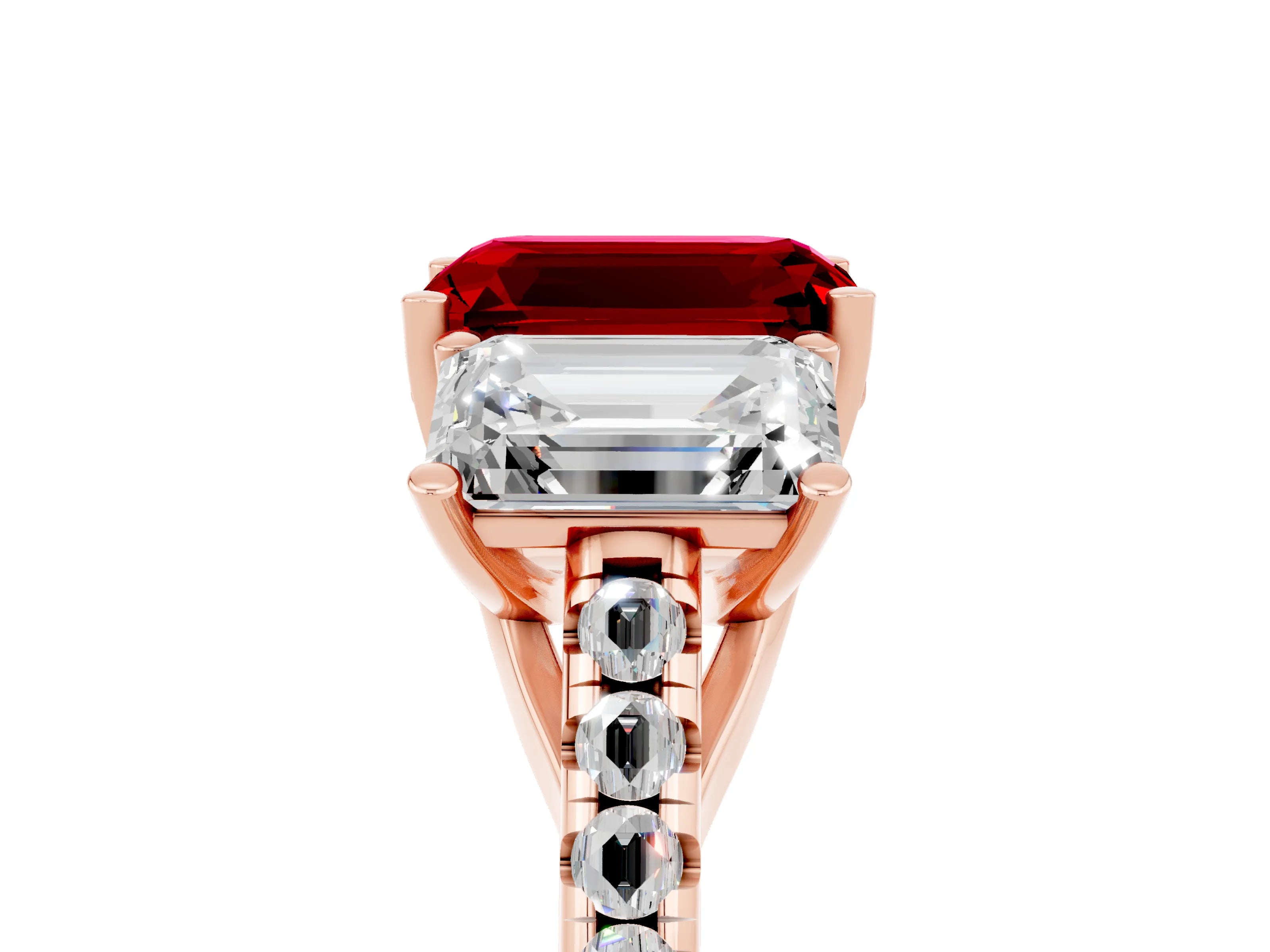 Rose gold Three-Stone Emerald Cut Ruby Ring with Pavé Band and Prong Setting_17