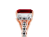 Rose gold Three-Stone Emerald Cut Ruby Ring with Pavé Band and Prong Setting_17