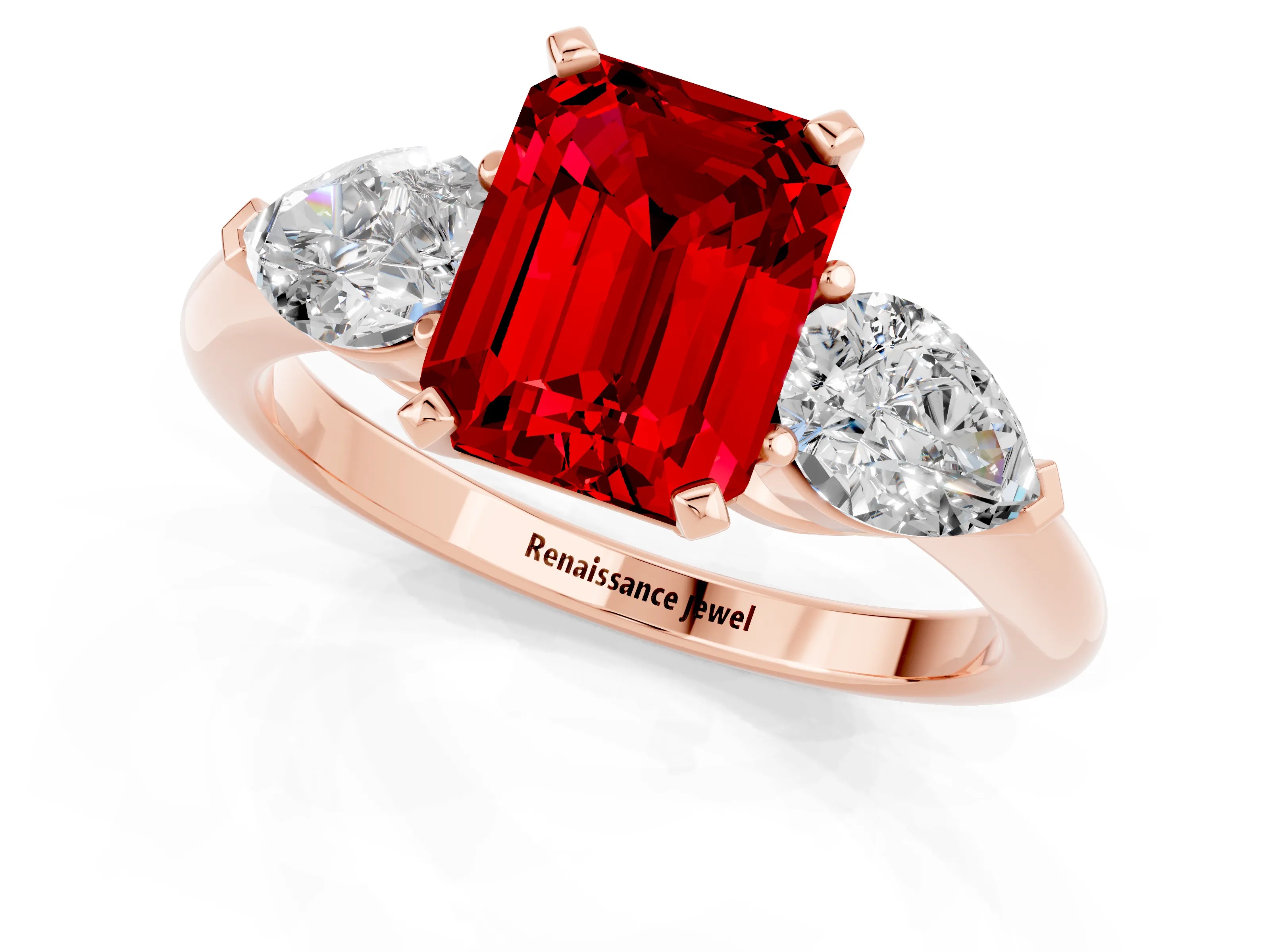 Rose gold Three-Stone Emerald Cut Ruby Ring with Pear Side Stones and Four-Prong Setting_1