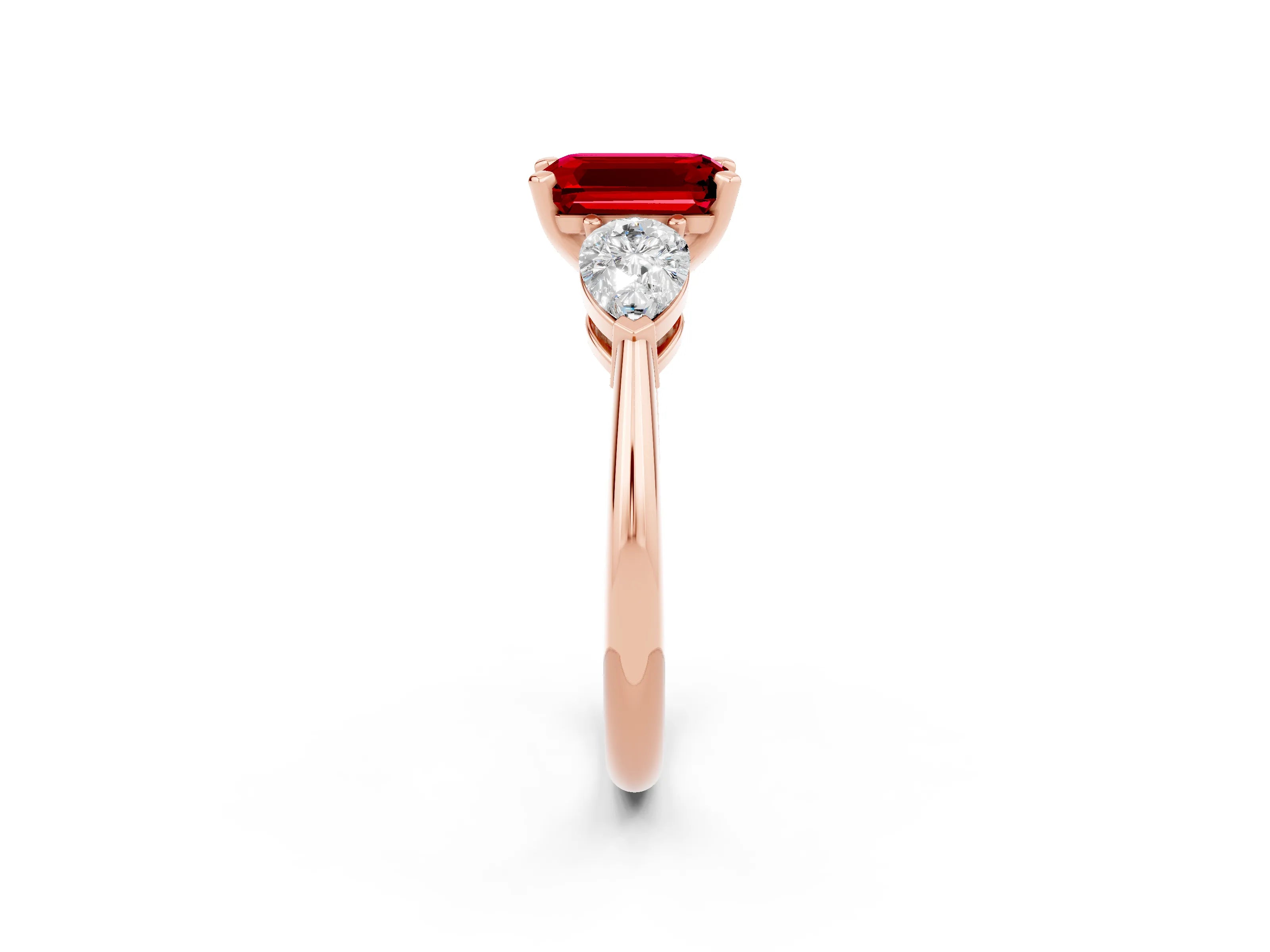Rose gold Three-Stone Emerald Cut Ruby Ring with Pear Side Stones and Four-Prong Setting_2