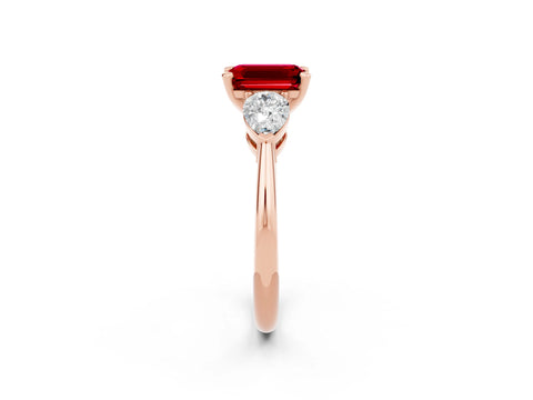 Rose gold Three-Stone Emerald Cut Ruby Ring with Pear Side Stones and Four-Prong Setting_2