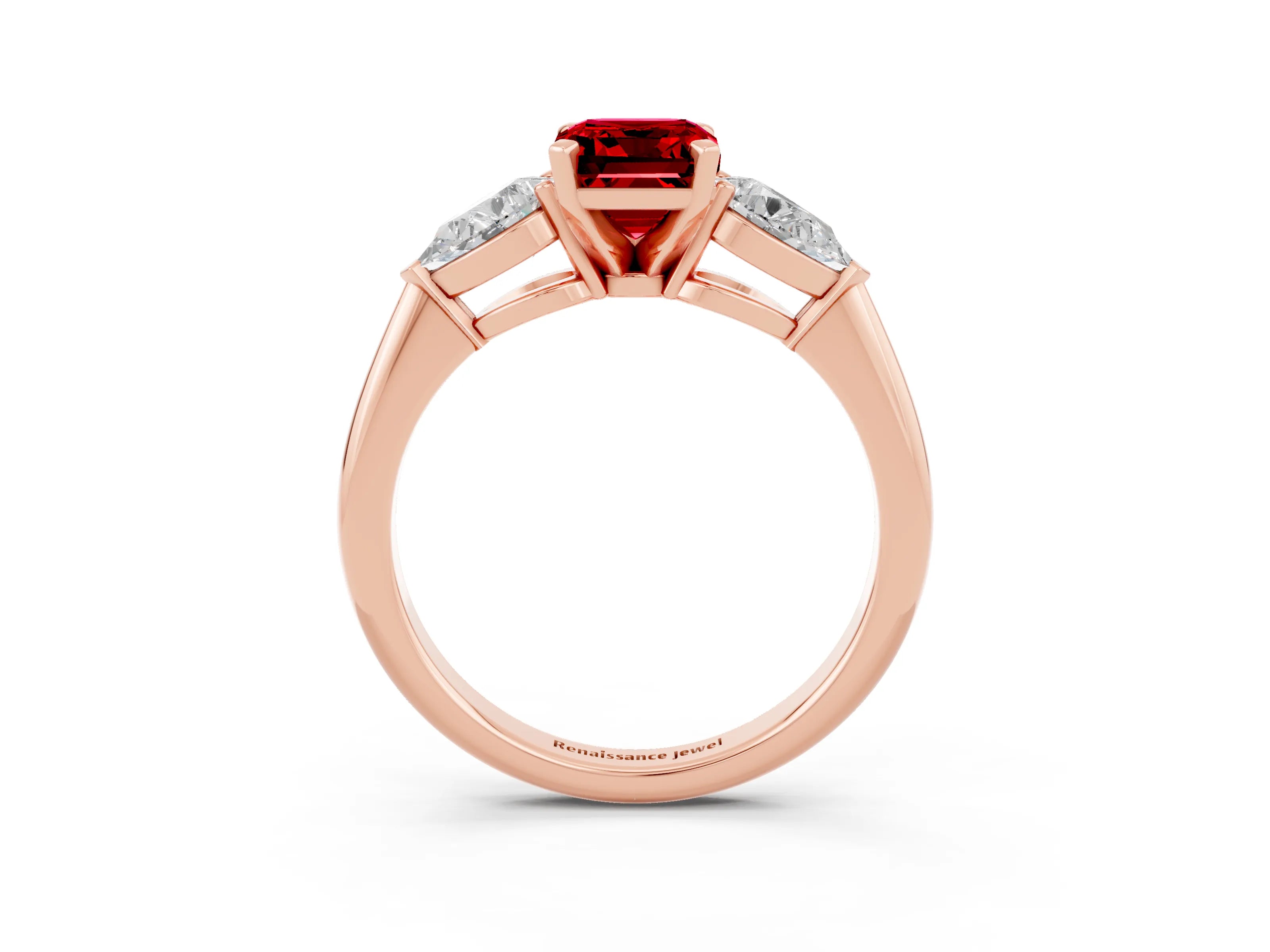 Rose gold Three-Stone Emerald Cut Ruby Ring with Pear Side Stones and Four-Prong Setting_3