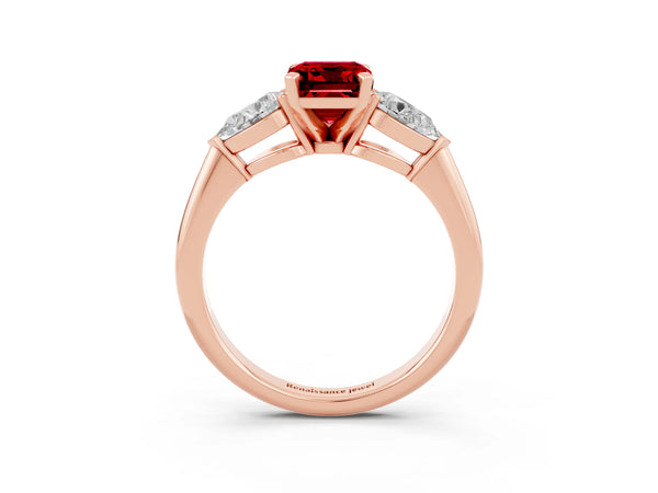 Rose gold Three-Stone Emerald Cut Ruby Ring with Pear Side Stones and Four-Prong Setting