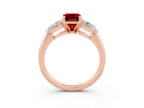 Rose gold Three-Stone Emerald Cut Ruby Ring with Pear Side Stones and Four-Prong Setting_3