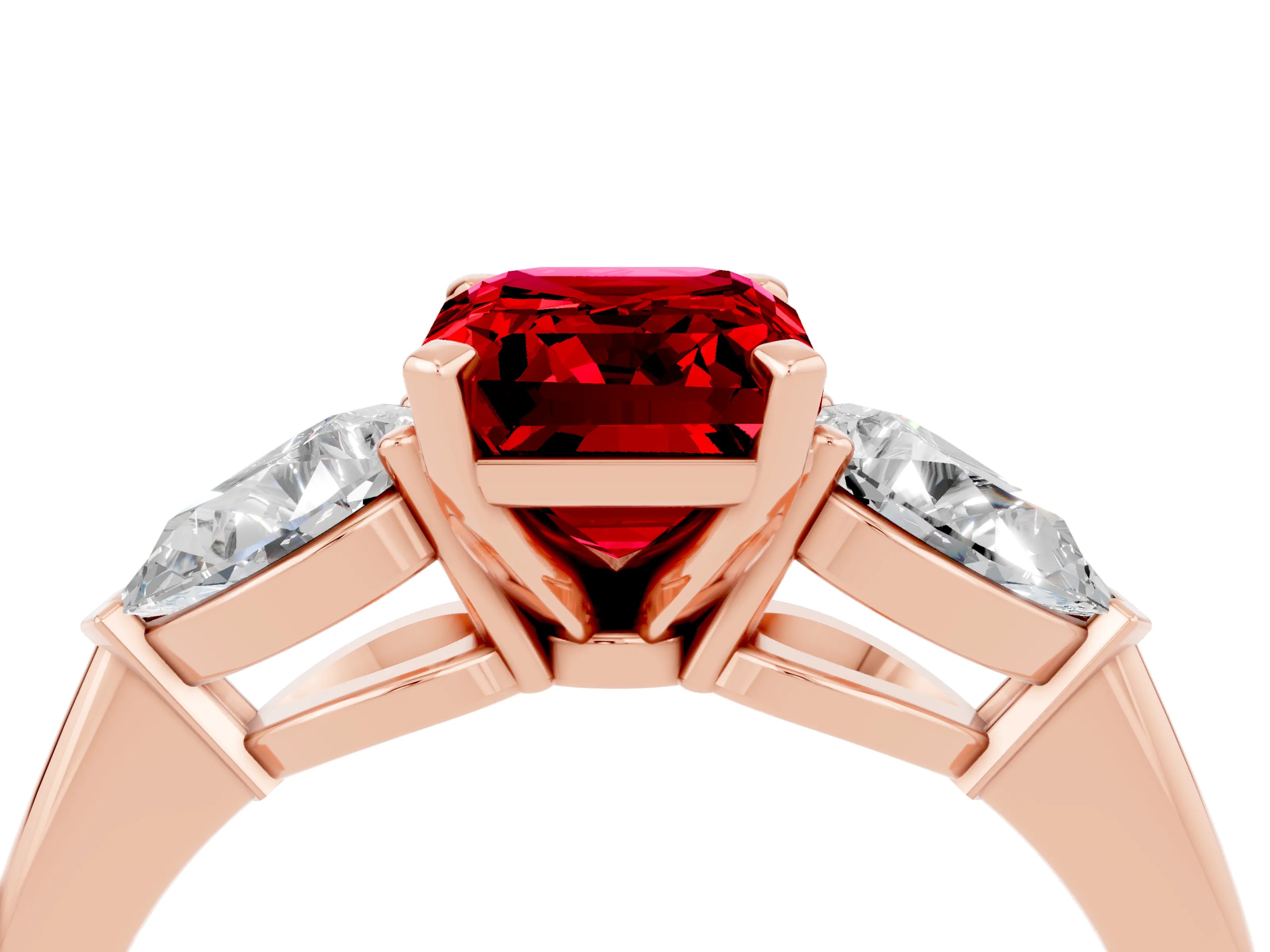 Rose gold Three-Stone Emerald Cut Ruby Ring with Pear Side Stones and Four-Prong Setting_4