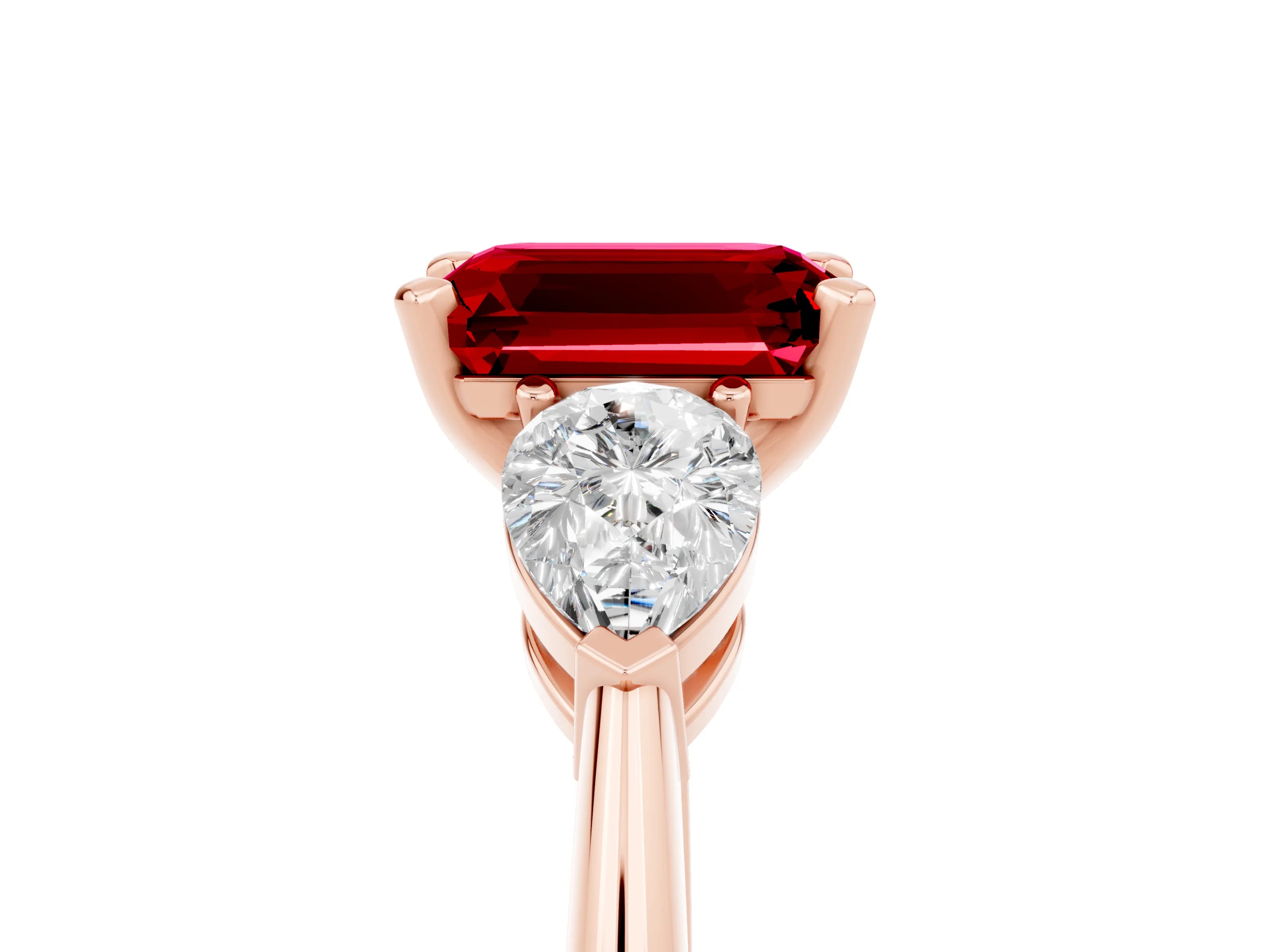 Rose gold Three-Stone Emerald Cut Ruby Ring with Pear Side Stones and Four-Prong Setting_5