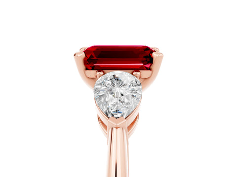 Rose gold Three-Stone Emerald Cut Ruby Ring with Pear Side Stones and Four-Prong Setting_5