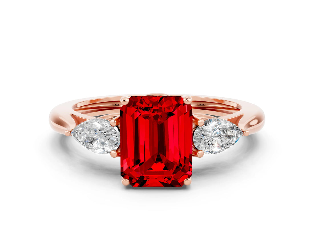 Rose gold Three-Stone Emerald Cut Ruby Ring with Pear  Side Stones in Four-Prong Setting_12