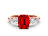 Rose gold Three-Stone Emerald Cut Ruby Ring with Pear  Side Stones in Four-Prong Setting_12