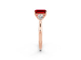 Rose gold Three-Stone Emerald Cut Ruby Ring with Pear  Side Stones in Four-Prong Setting_14