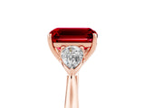 Rose gold Three-Stone Emerald Cut Ruby Ring with Pear  Side Stones in Four-Prong Setting_17