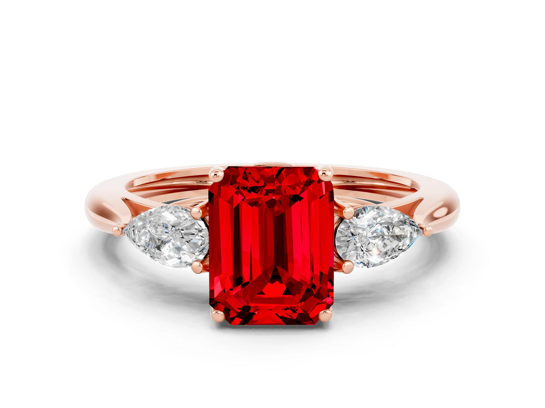 Rose gold Three-Stone Emerald Cut Ruby Ring with Pear  Side Stones in Four-Prong Setting_36