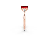 Rose gold Three-Stone Emerald Cut Ruby Ring with Pear  Side Stones in Four-Prong Setting_38