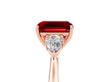 Rose gold Three-Stone Emerald Cut Ruby Ring with Pear  Side Stones in Four-Prong Setting_41