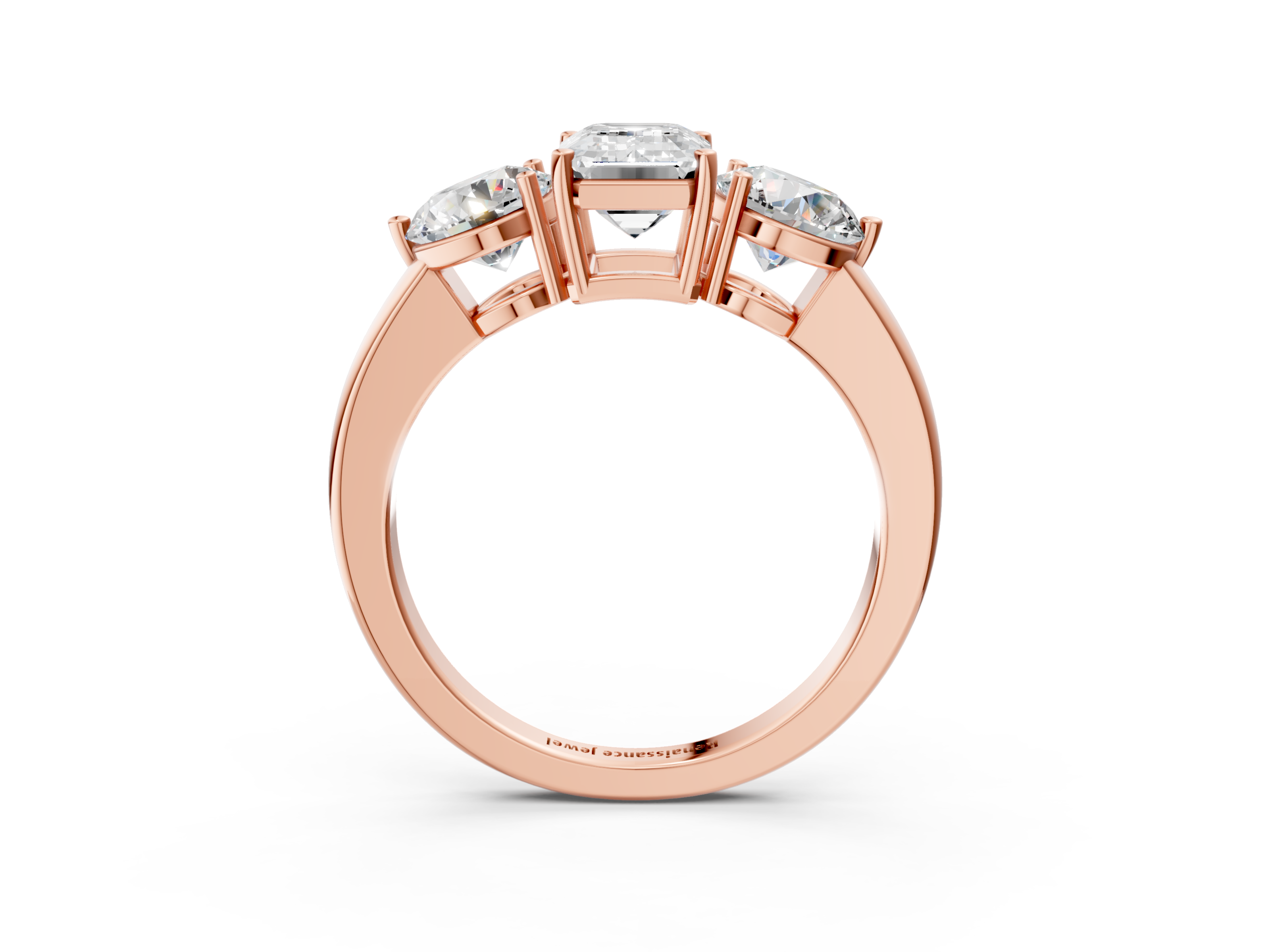 Rose gold Three-Stone Emerald Cut Solitaire Ring with Prong Setting on a Classic Band_31