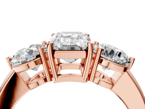 Rose gold Three-Stone Emerald Cut Solitaire Ring with Prong Setting on a Classic Band_32