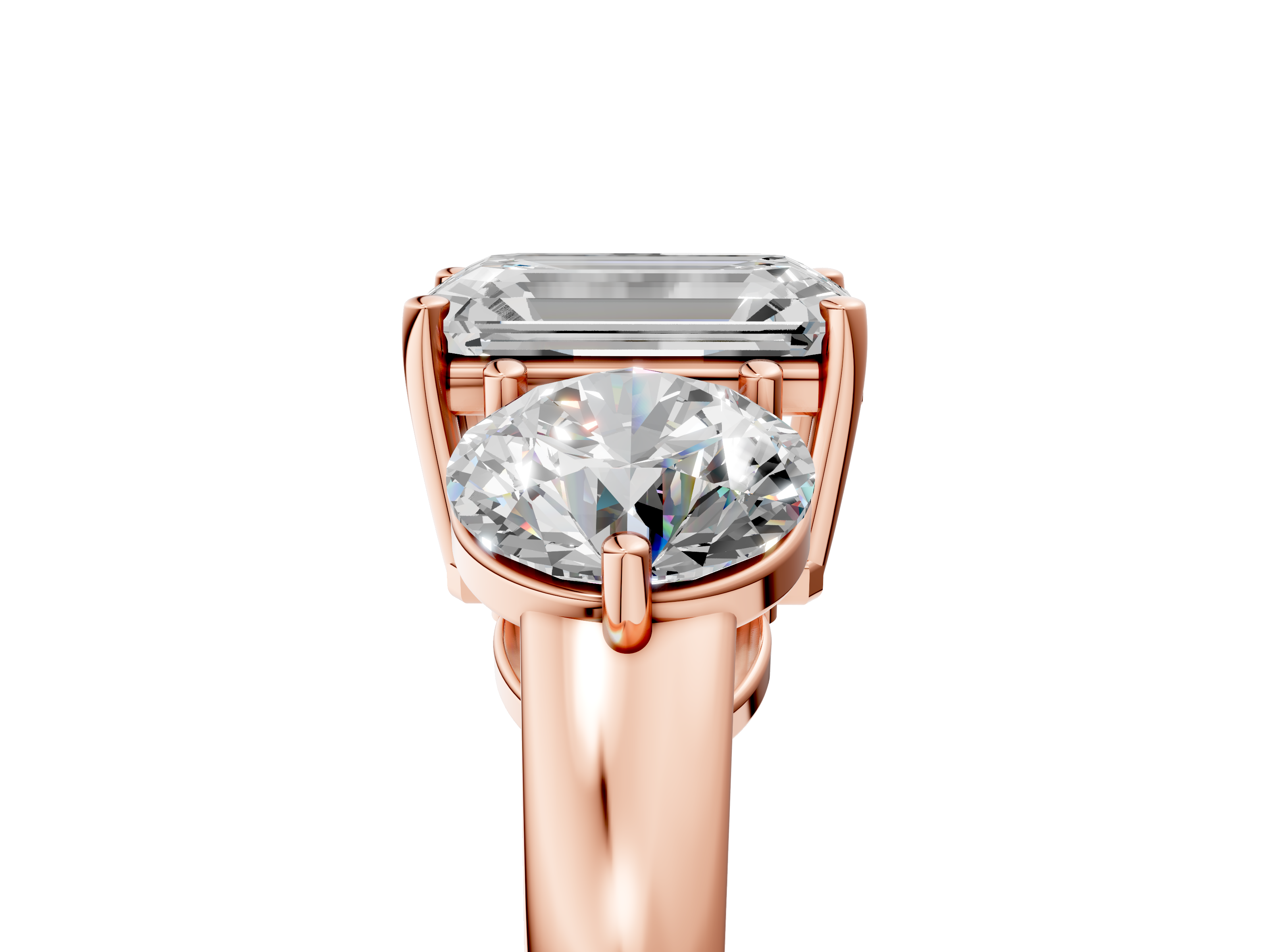 Rose gold Three-Stone Emerald Cut Solitaire Ring with Prong Setting on a Classic Band_33