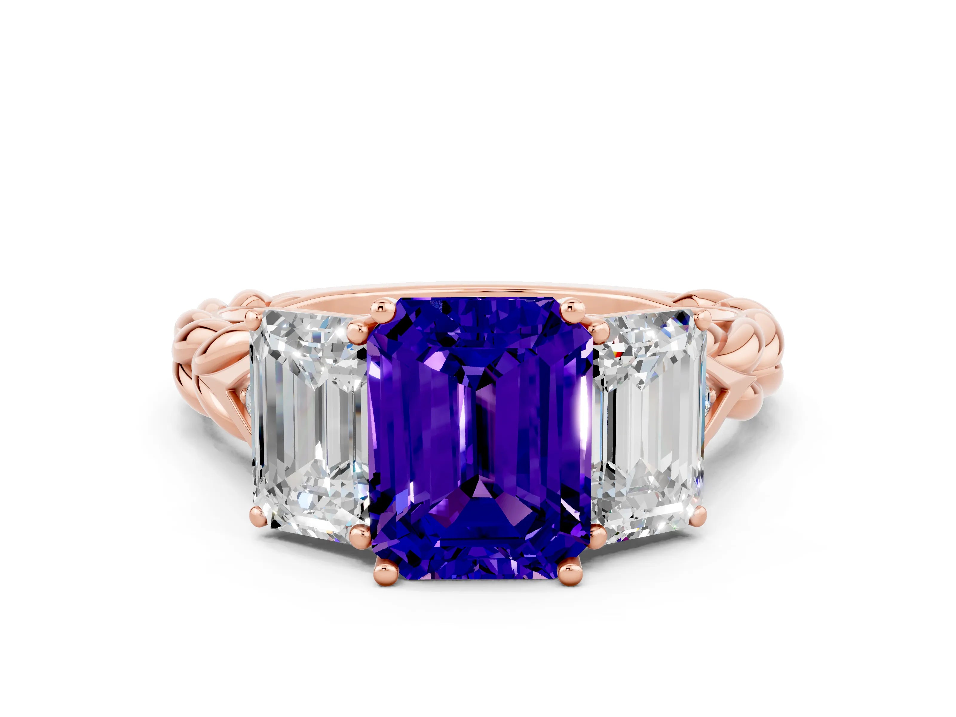 Rose gold Three-Stone Emerald Cut Tanzanite Braided Band Ring with Four-Prong Setting_36
