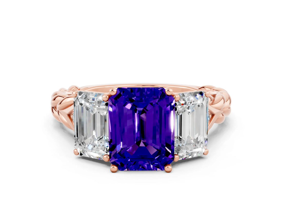 Rose gold Three-Stone Emerald Cut Tanzanite Braided Band Ring with Four-Prong Setting_36