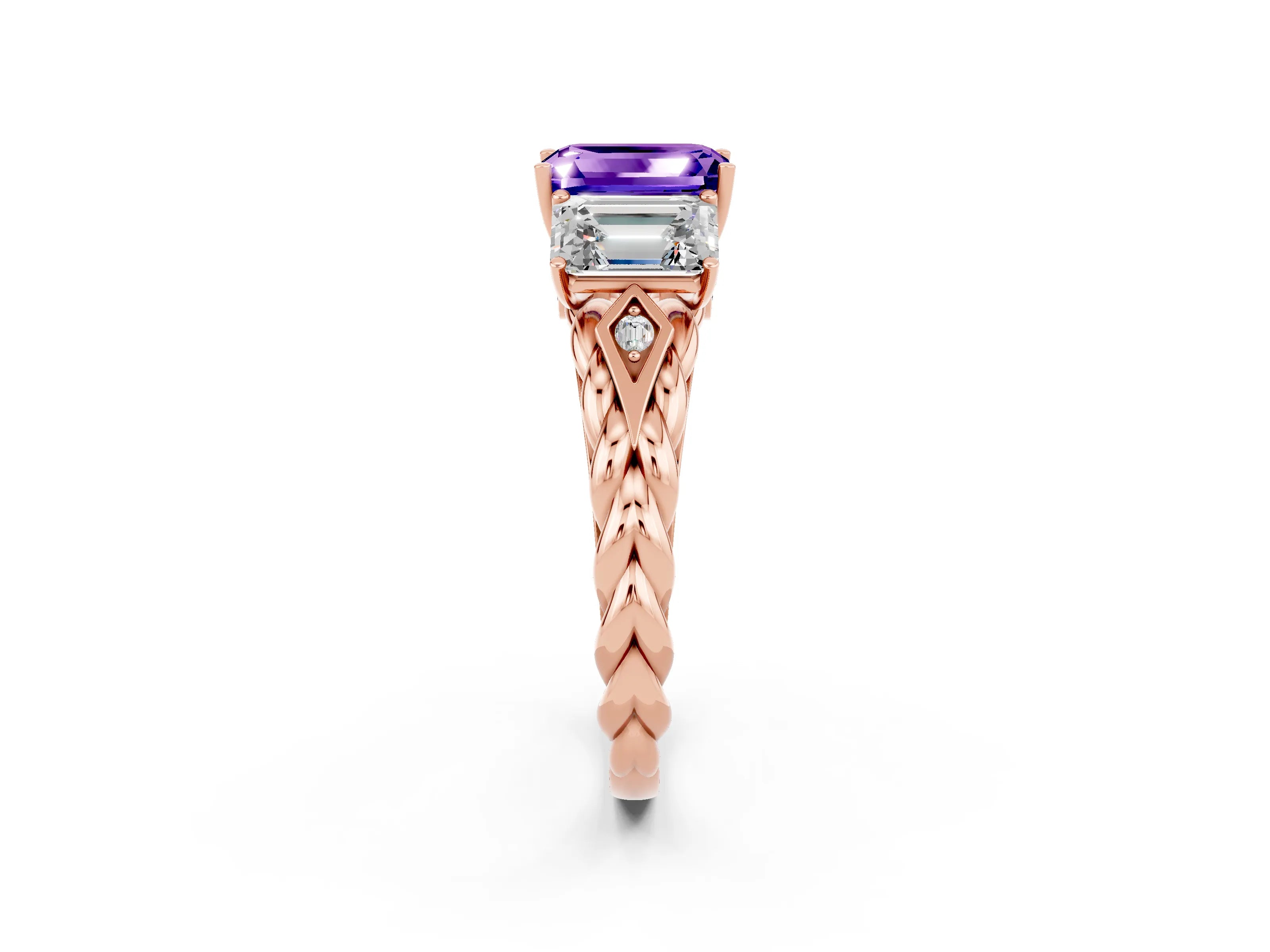 Rose gold Three-Stone Emerald Cut Tanzanite Braided Band Ring with Four-Prong Setting_38