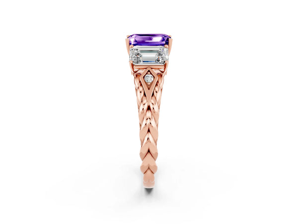 Rose gold Three-Stone Emerald Cut Tanzanite Braided Band Ring with Four-Prong Setting