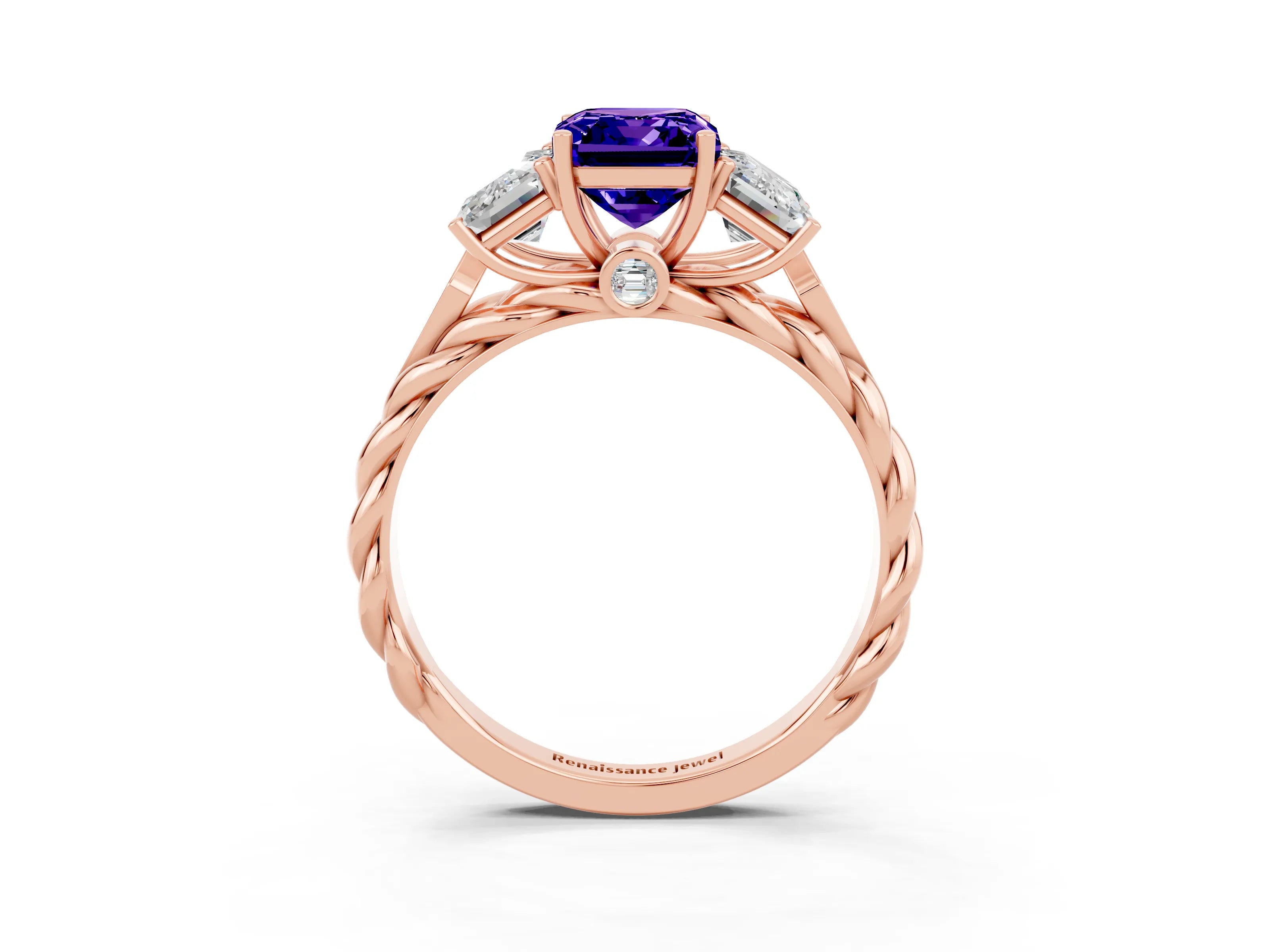 Rose gold Three-Stone Emerald Cut Tanzanite Braided Band Ring with Four-Prong Setting_39