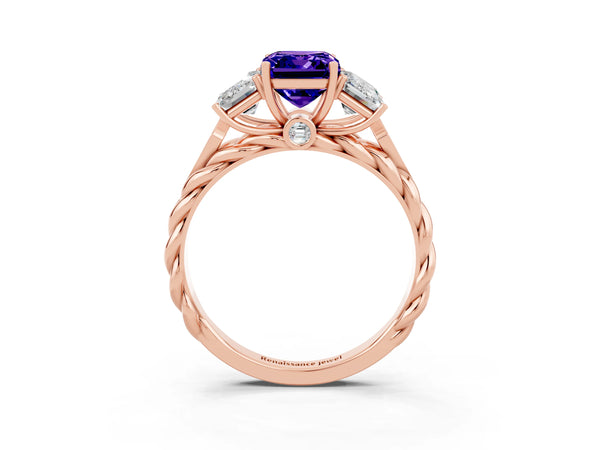 Rose gold Three-Stone Emerald Cut Tanzanite Braided Band Ring with Four-Prong Setting