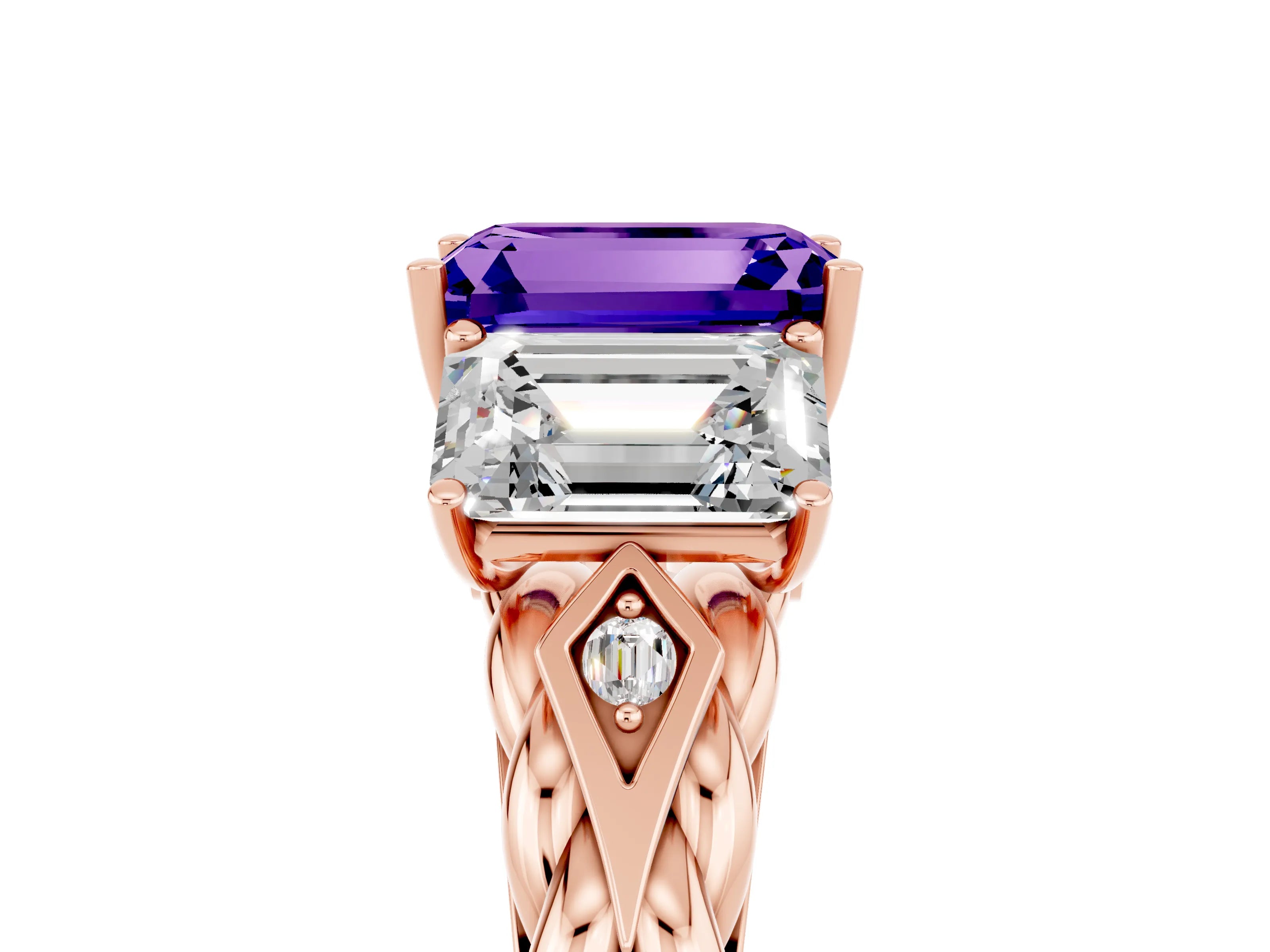 Rose gold Three-Stone Emerald Cut Tanzanite Braided Band Ring with Four-Prong Setting_41