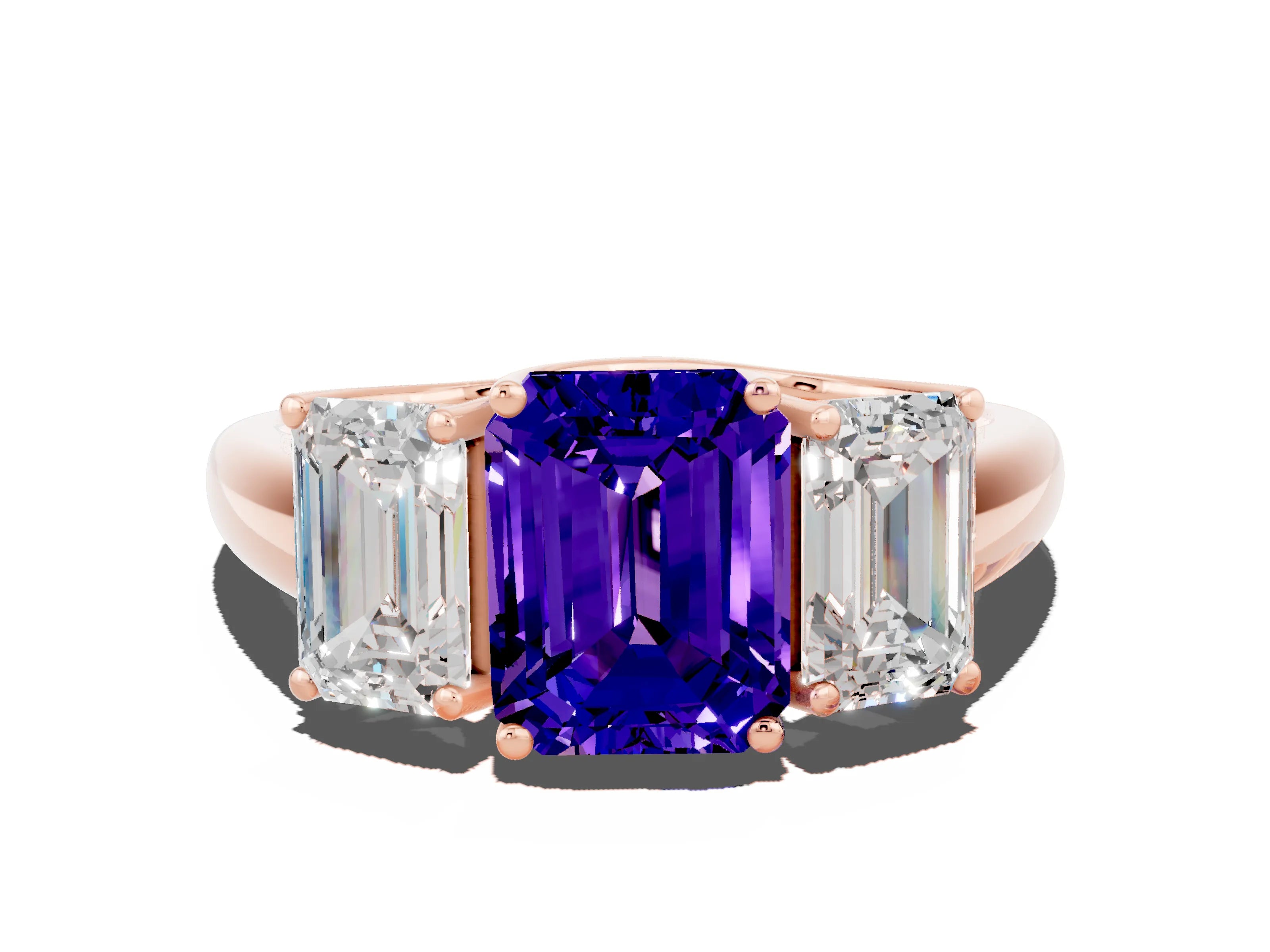 Rose gold Three-Stone Emerald Cut Tanzanite Engagement Ring with Prong Setting