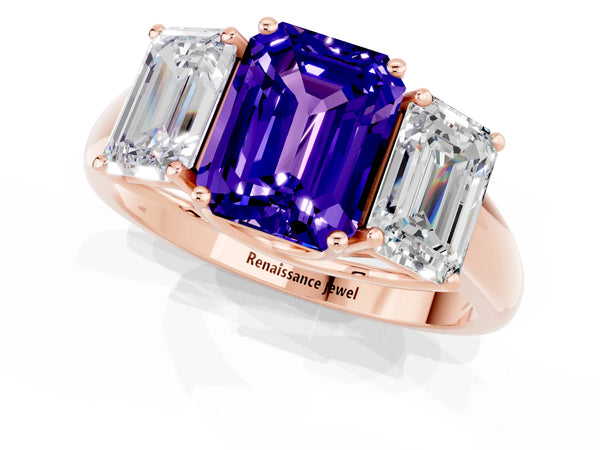 Rose gold Three-Stone Emerald Cut Tanzanite Engagement Ring with Prong Setting