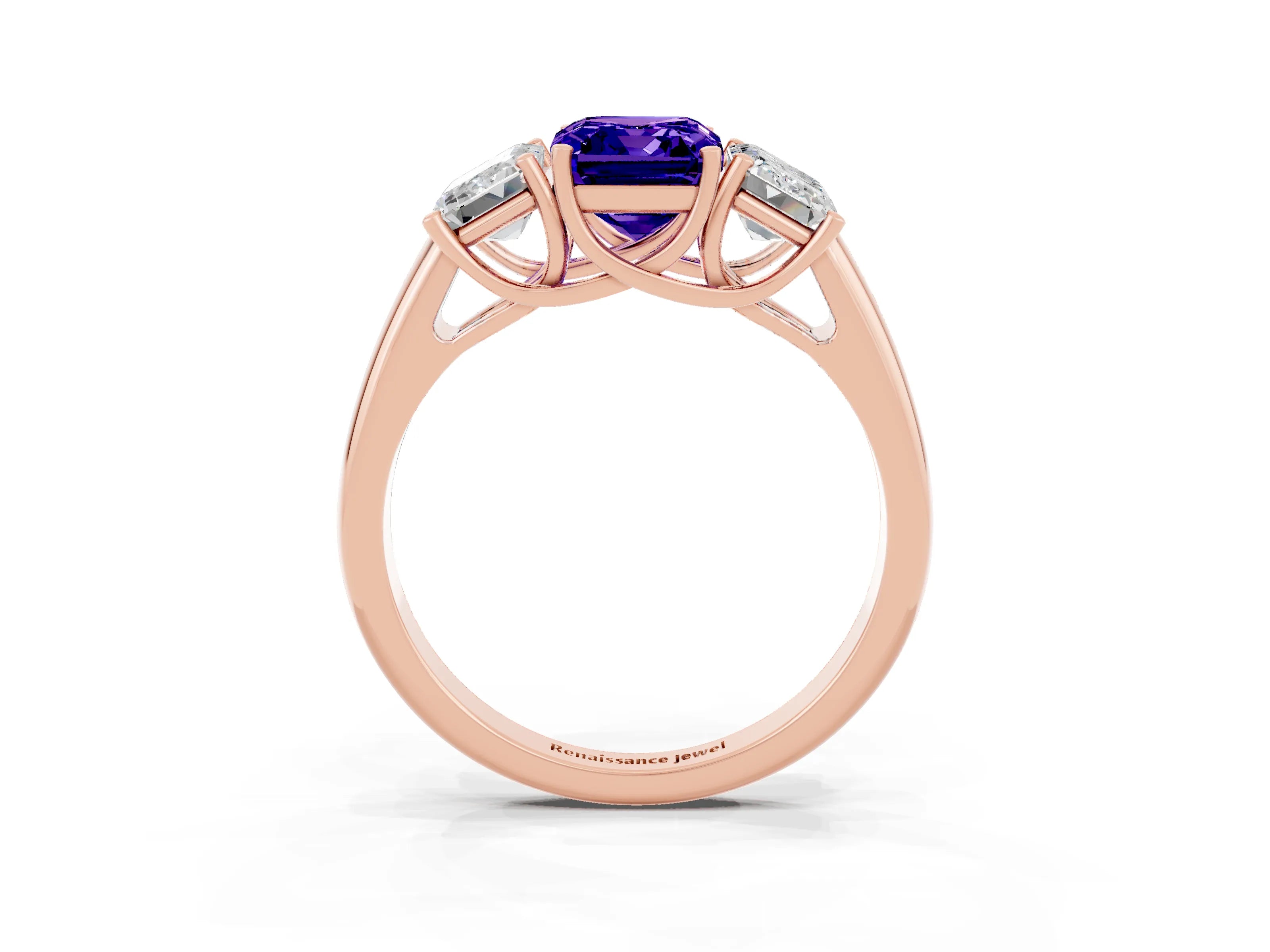 Rose gold Three-Stone Emerald Cut Tanzanite Engagement Ring with Prong Setting_3