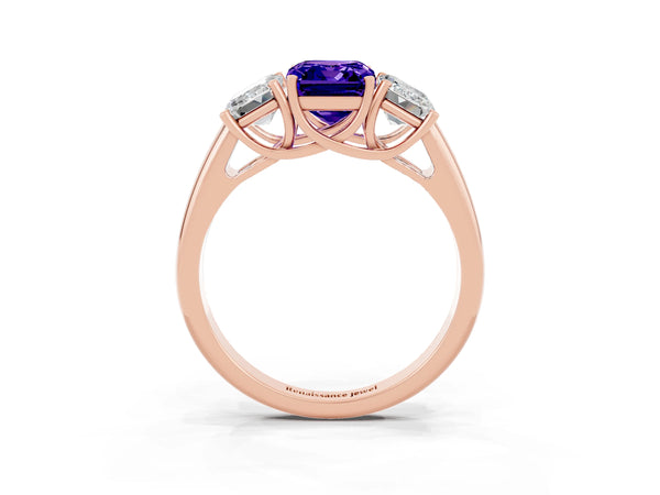 Rose gold Three-Stone Emerald Cut Tanzanite Engagement Ring with Prong Setting
