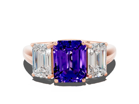 Rose gold Three-Stone Emerald Cut Tanzanite Engagement Ring with Prong Setting