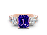 Rose gold Three-Stone Emerald Cut Tanzanite Pavé Band with Four-Prong Setting
